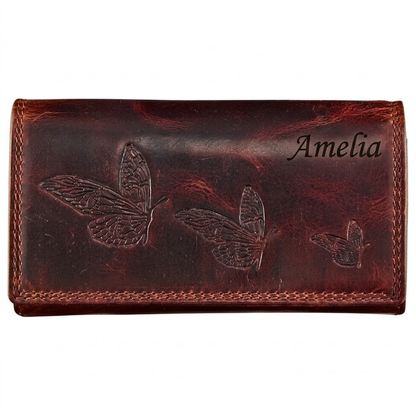 Personalized women's buffalo leather butterfly wallet zip-around clutch RFID blocking gift for her | The Leather Gift Co