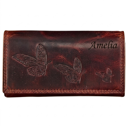 Personalized women's buffalo leather butterfly wallet zip-around clutch RFID blocking gift for her | The Leather Gift Co