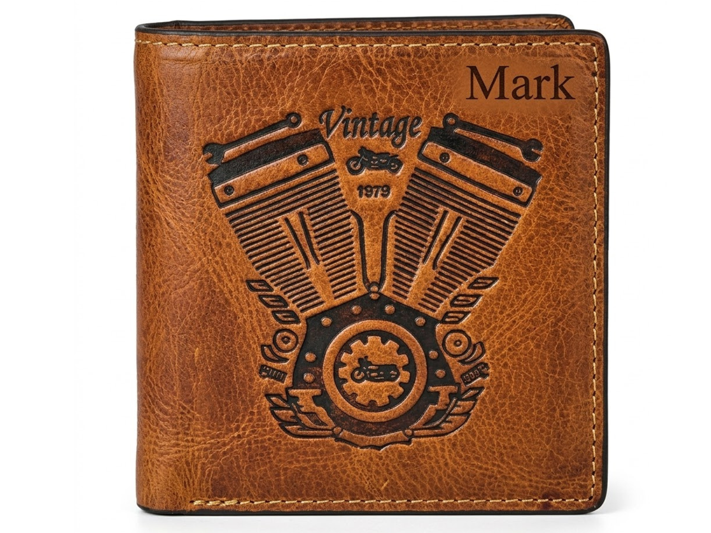 Brown leather wallet with motorcycle engine design and 'Mark' engraving on a white background
