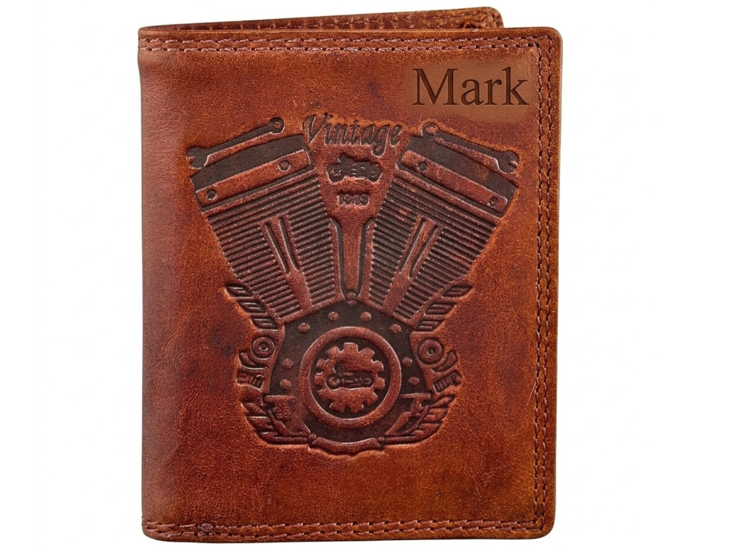 Personalized Brown leather wallet with embossed motorcycle engine design and 'Mark' engraving