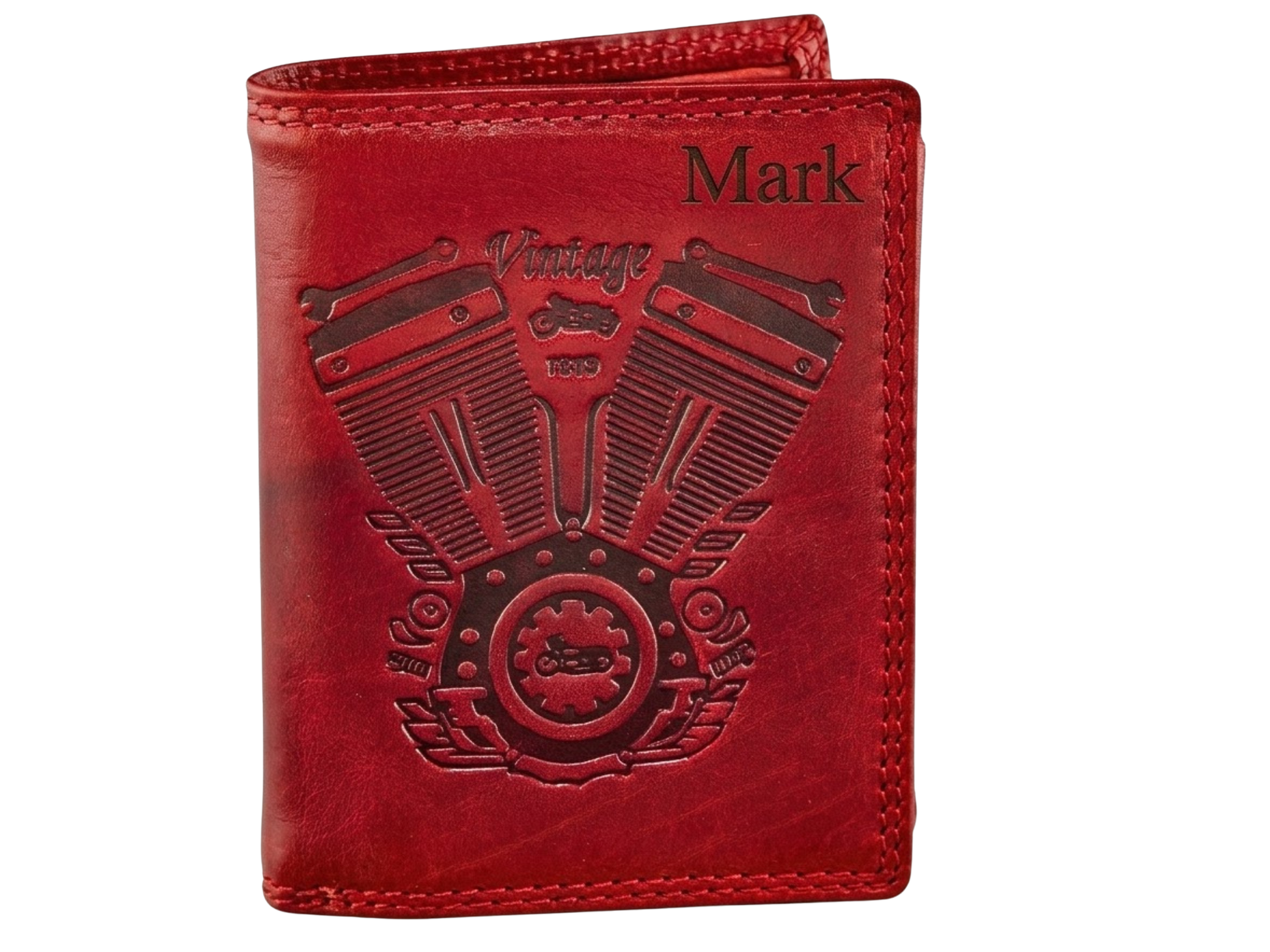 Personalized Red leather wallet with engine design and 'Mark' engraving