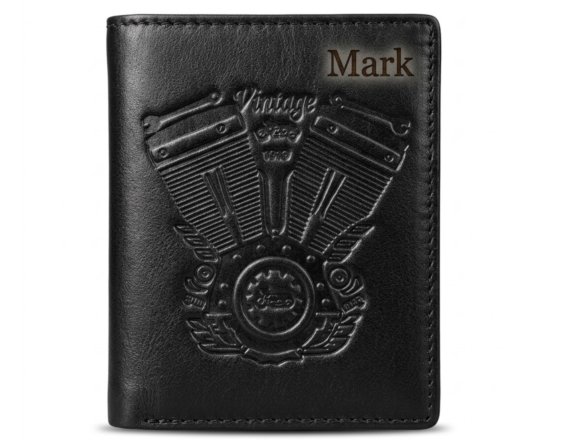 Custom Black Men's leather wallet with embossed engine design and 'Mark' engraving.