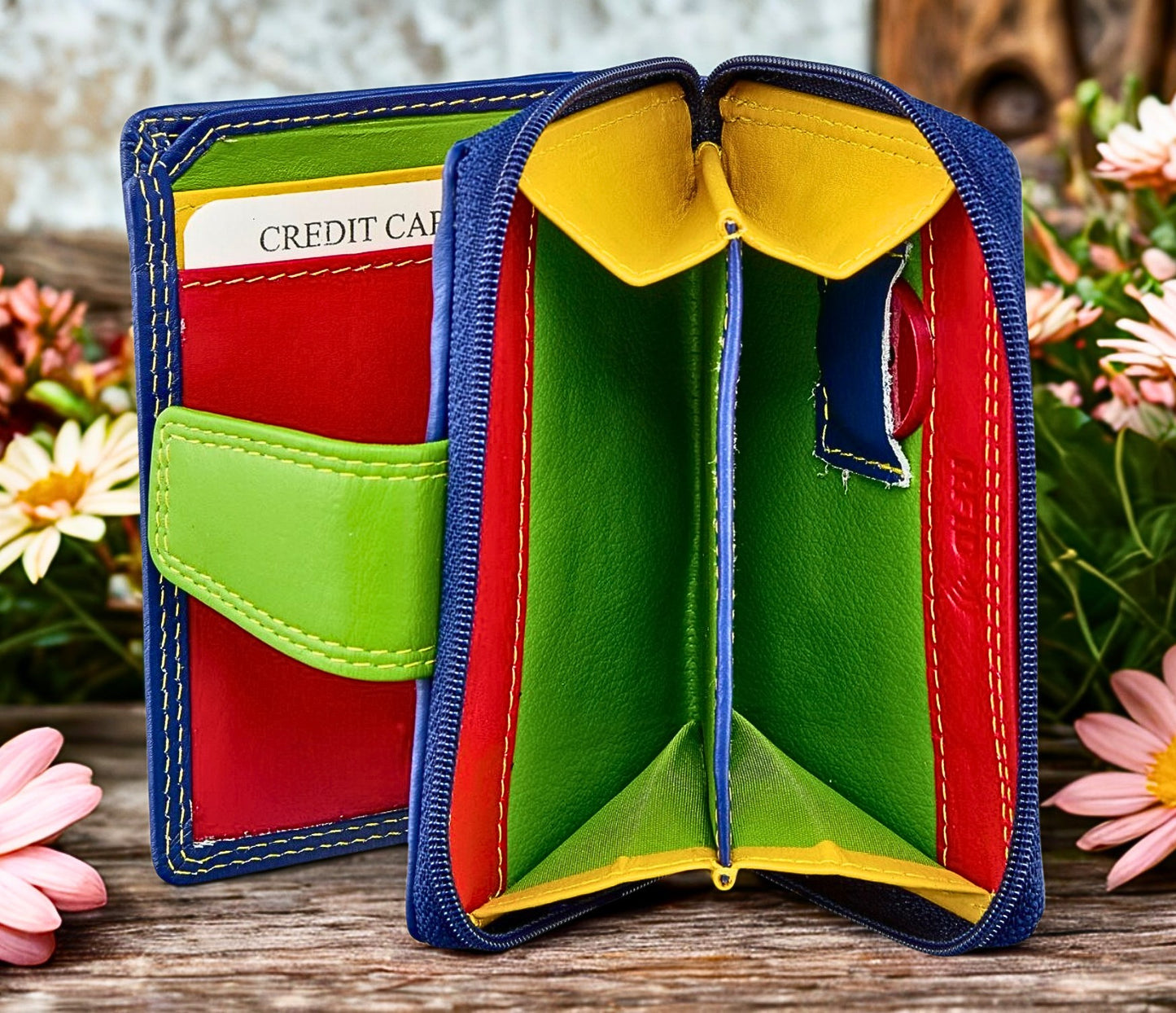 Colorful wallet with card slots on a wooden surface with flowers in the background