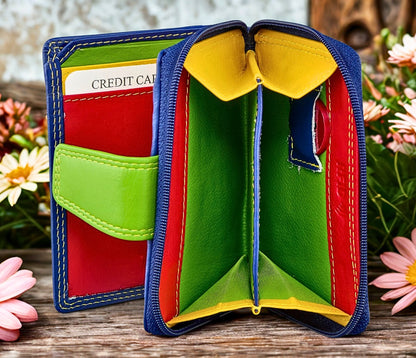 Colorful wallet with card slots on a wooden surface with flowers in the background