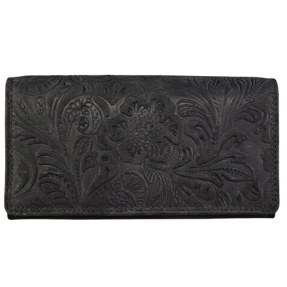 Women's tooled leather phone wallet RFID blocking 17.5x9.5cm birthday gift | The Leather Gift Co