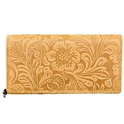Handmade floral embossed leather clutch wallet women 3 banknote compartments personalized | The Leather Gift Co