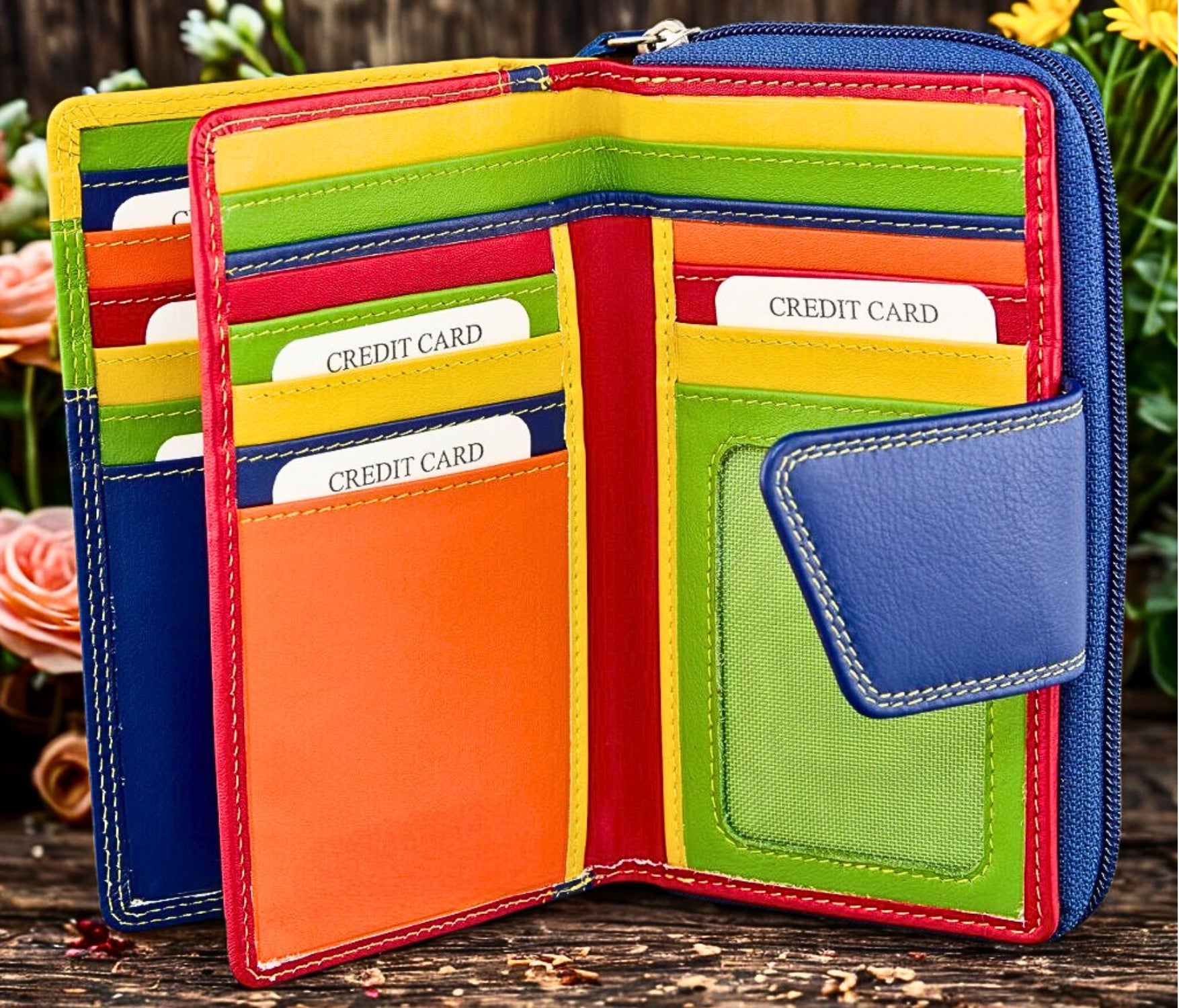 Interior view of genuine Nappa leather long purse showing card slots, bill compartments and zip coin pocket