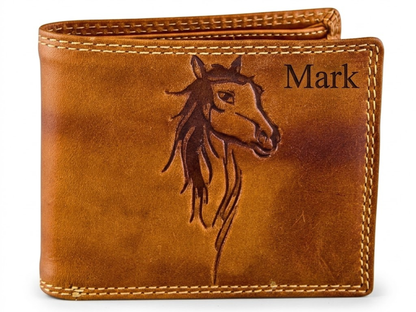 Brown Men's leather wallet with horse head design and 'Mark' engraving on a white background