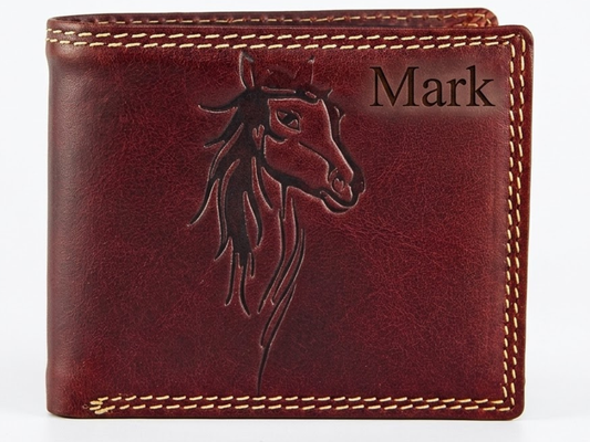 Brown leather wallet for men with horse embossing and 'Mark' engraving on a white background