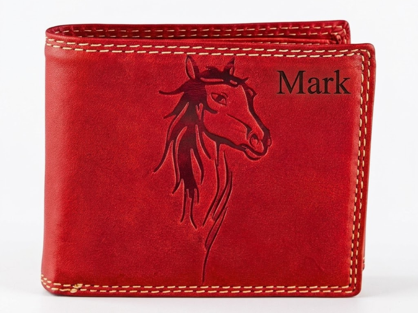 Personalized Red leather wallet with horse head design and 'Mark' engraving on a white background