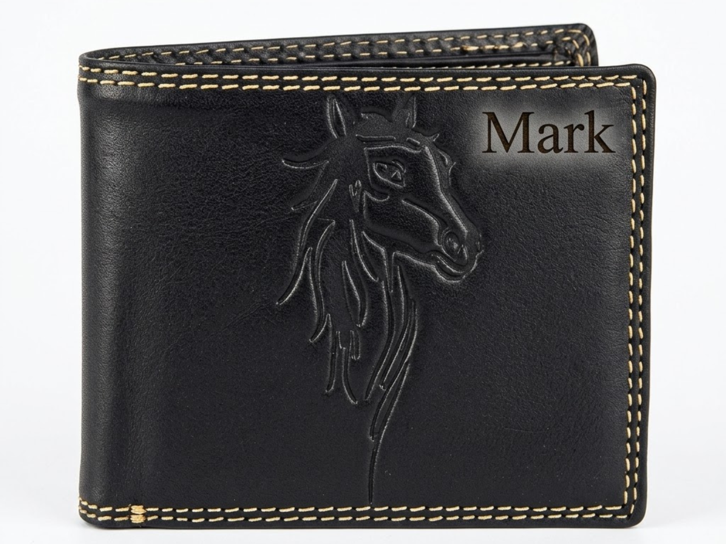 Black leather wallet with horse embossing and 'Mark' engraving on a white background