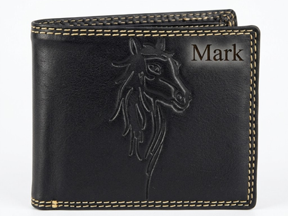 Black leather wallet with horse embossing and 'Mark' engraving on a white background