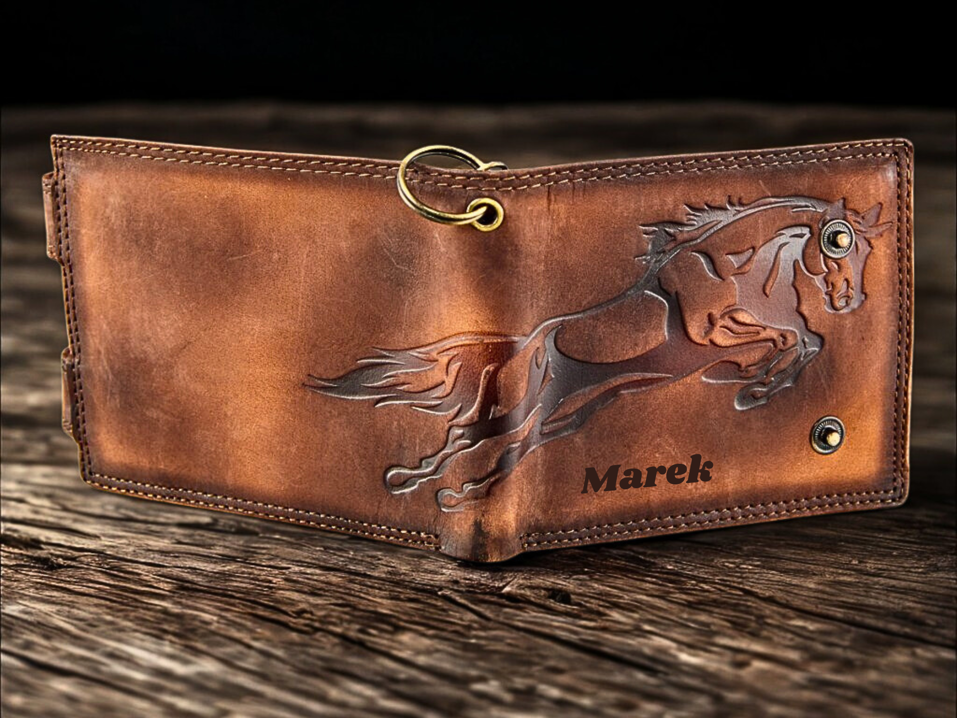 Men's leather chain wallet open with 9 card slots and ID windows