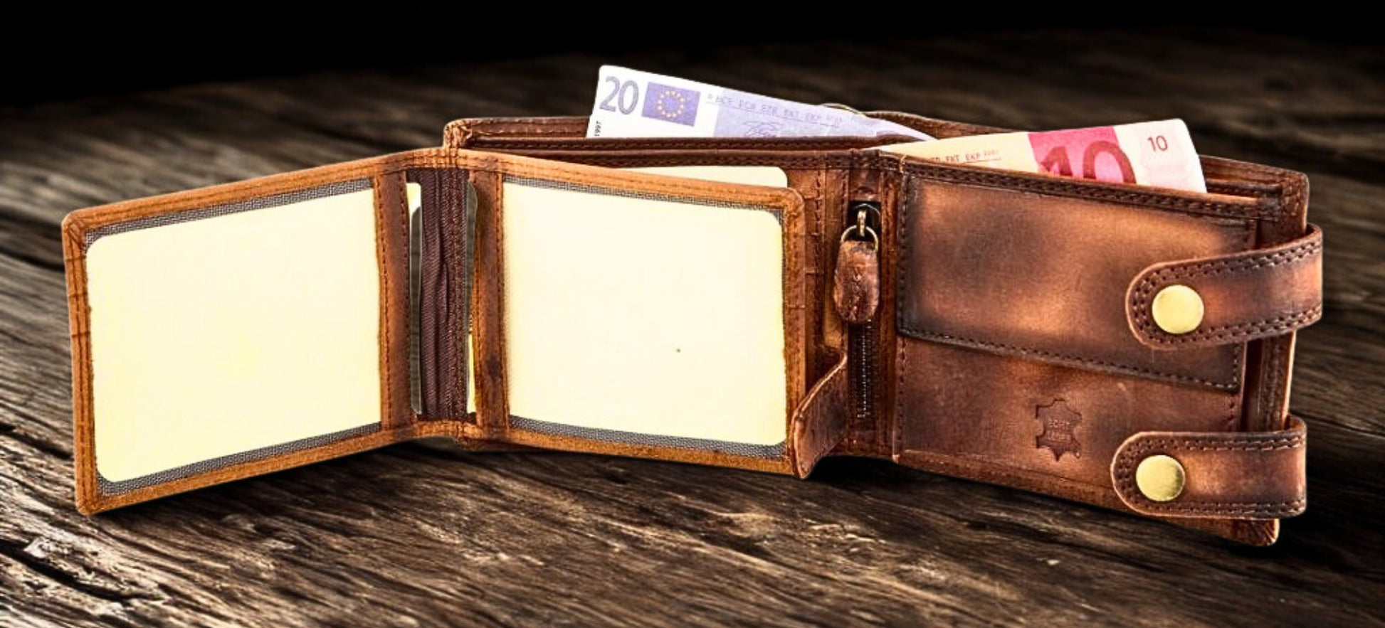 Men's leather chain wallet with 2 banknote compartments