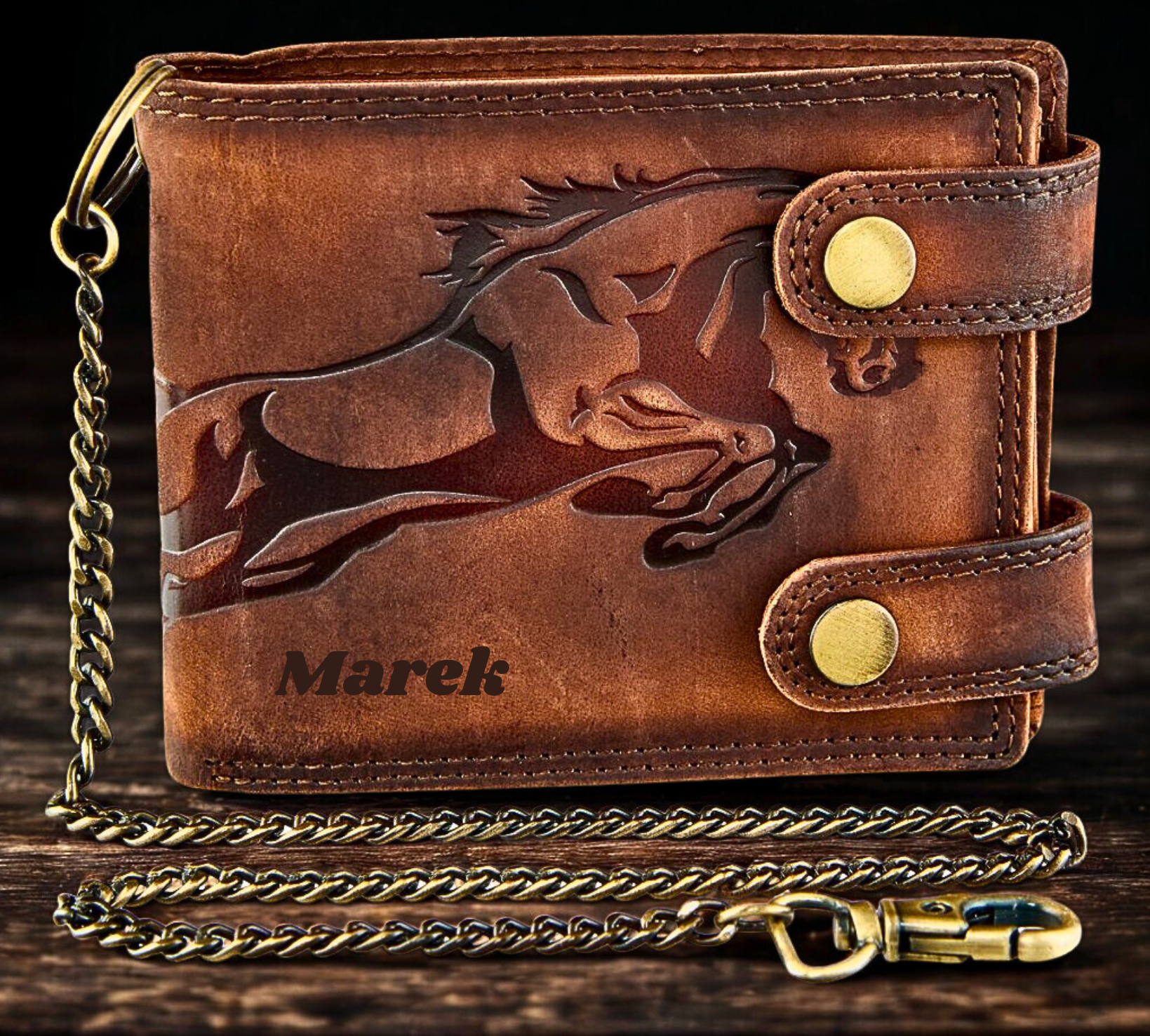Personalized leather biker chain wallet with horse motif