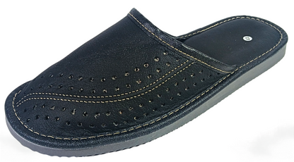Three-quarter rear view of men's black buffalo leather closed-toe mule slipper showing tan leather insole, white stitching and grey ribbed rubber outsole — The Leather Gift Co