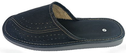Side profile view of men's black buffalo leather closed-toe mule slipper with perforated dot vamp, white contrast stitching and tan leather insole — The Leather Gift Co