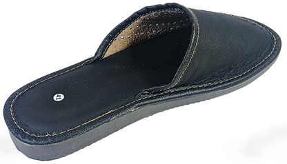 A single black leather slip-on mule sandal with light tan contrast stitching, shown from a side angle on a white background.