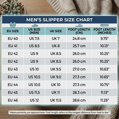 Men's slipper size chart with EU, US, and UK measurements on a wooden surface.