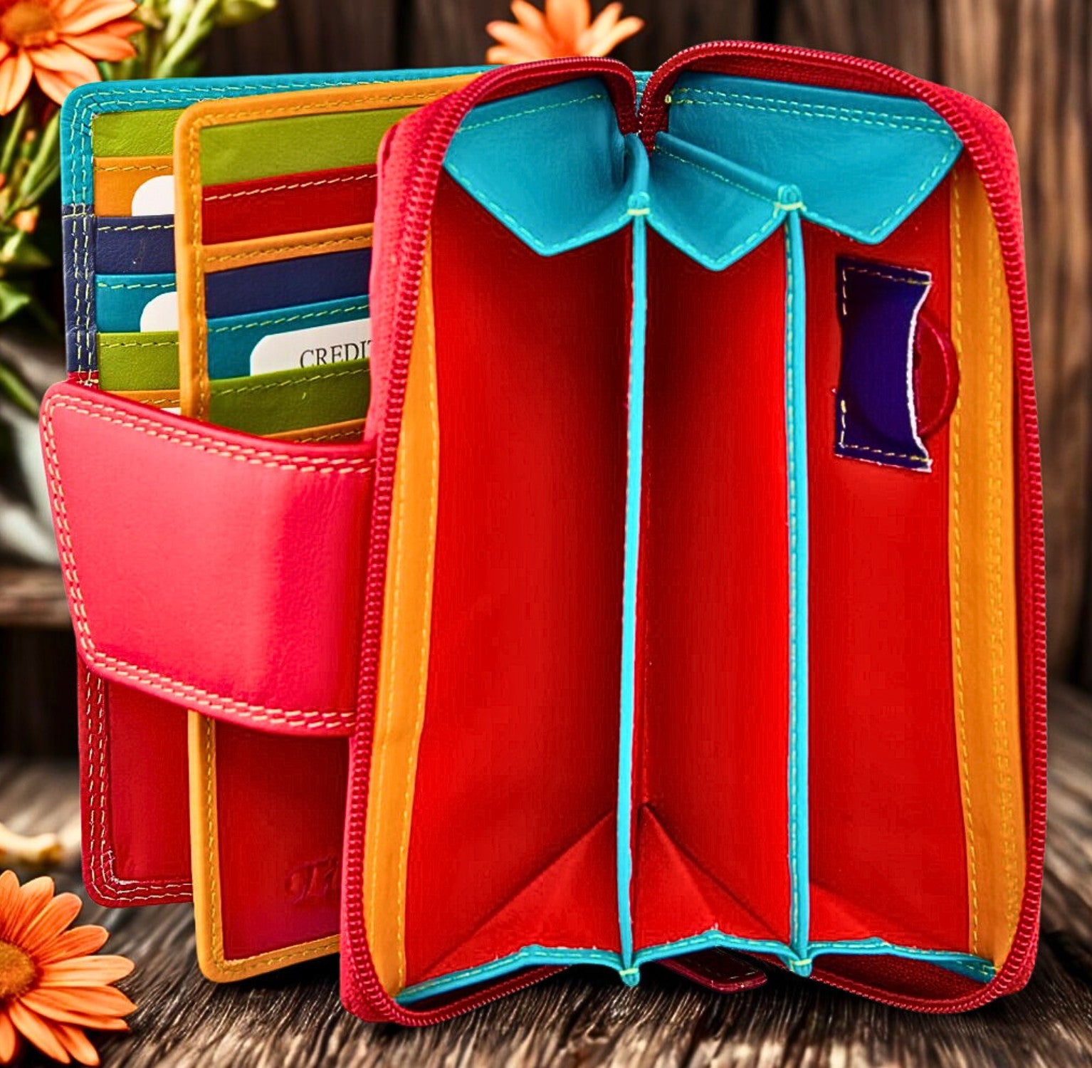 Handmade genuine leather long purse open view – 14+ compartments including coin pocket and interior zip pocket