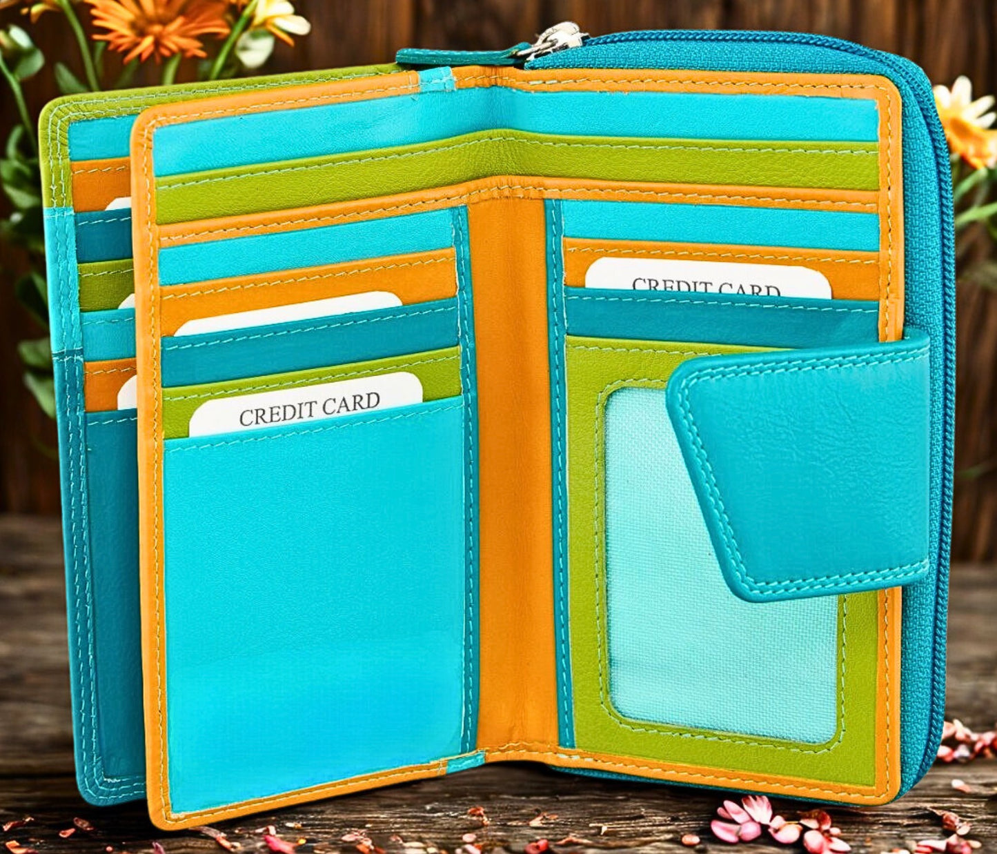 Women's handmade leather wallet in vibrant multicolour – RFID protection, free EU shipping, 30-day guarantee