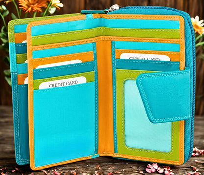 Women's handmade leather wallet in vibrant multicolour – RFID protection, free EU shipping, 30-day guarantee
