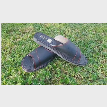 Leather Open Toe House Slides for Men | Sheepskin Insole Handmade Sandals Poland