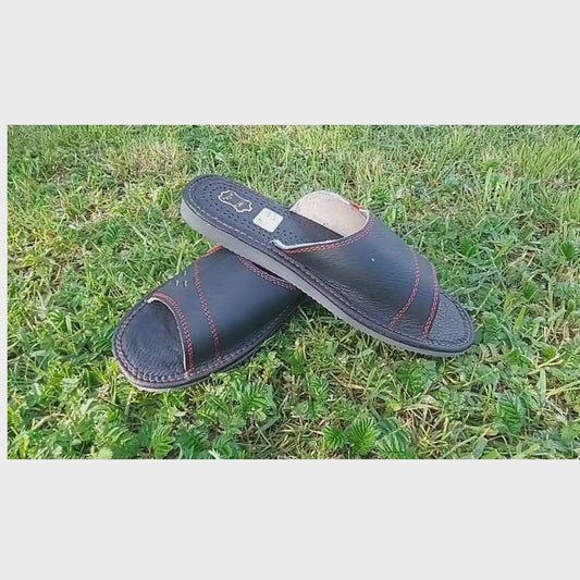 Leather Open Toe House Slides for Men | Sheepskin Insole Handmade Sandals Poland