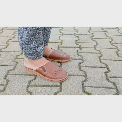Buffalo Leather Wide Toe House Slippers for Men | Adjustable Fit Handmade Indoor Mules Poland