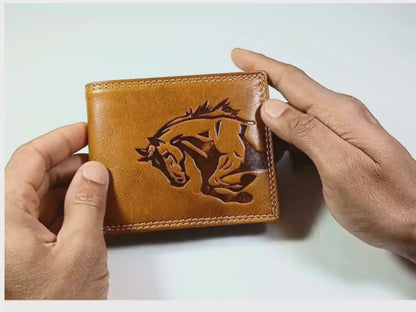 Personalised Water Buffalo Leather Wallet for Men | Running Horse Bifold | RFID Blocking | Gift for Him