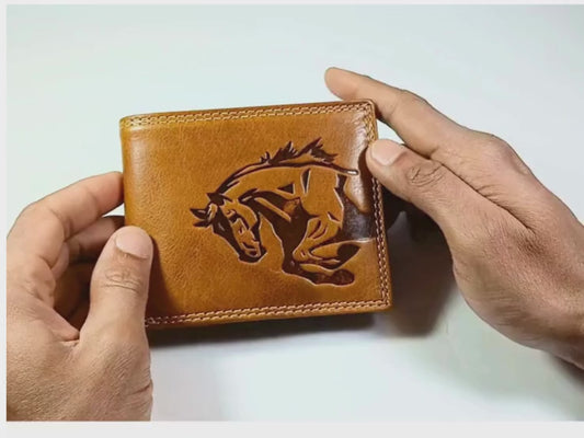 Personalised Water Buffalo Leather Wallet for Men | Running Horse Bifold | RFID Blocking | Gift for Him