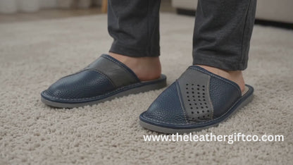 Pantoufles d'intérieur en cuir pour hommes | Cuir de vachette bicolore | Fabriquées à la main en Pologne | Bout fermé à enfiler