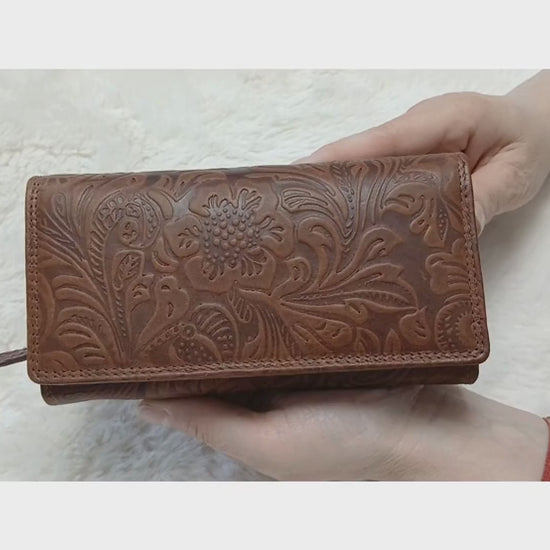 Floral tooled Buffalo leather phone clutch wallet for women – RFID blocking, handmade zip-around purse, birthday gift for her, The Leather Gift Co