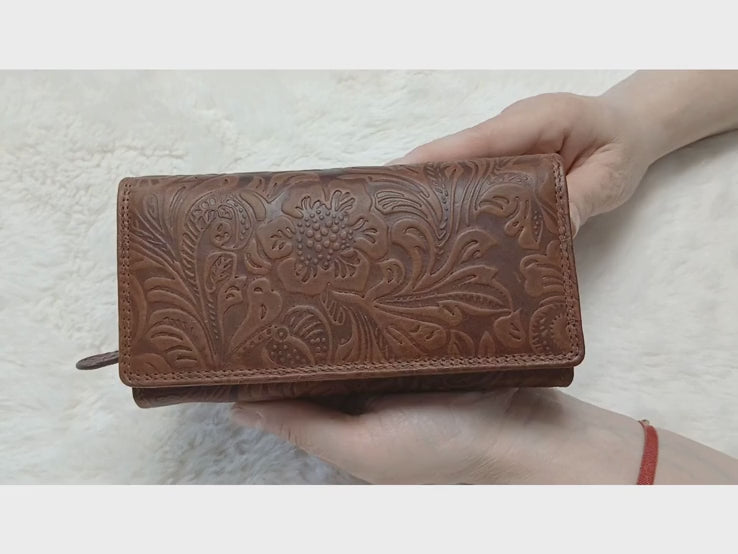 Floral tooled Buffalo leather phone clutch wallet for women – RFID blocking, handmade zip-around purse, birthday gift for her, The Leather Gift Co
