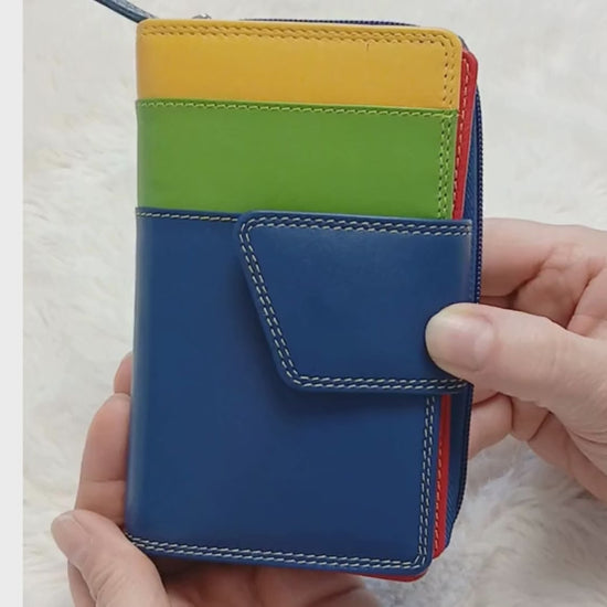 Multicolour RFID Nappa leather long purse for women – handmade zip-around clutch wallet in Red, Blue and Navy, The Leather Gift Co