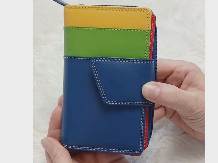 Multicolour RFID Nappa leather long purse for women – handmade zip-around clutch wallet in Red, Blue and Navy, The Leather Gift Co