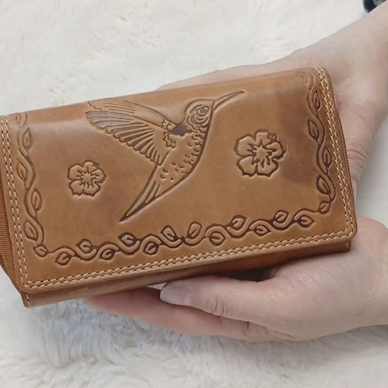 RFID Buffalo leather wallet for women – handmade boho bird and floral zip-around purse, genuine leather handbag, The Leather Gift Co