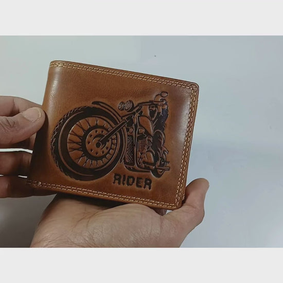 Motorcycle rider embossed bifold leather wallet for men – RFID blocking, personalised gift, handmade genuine leather, The Leather Gift Co