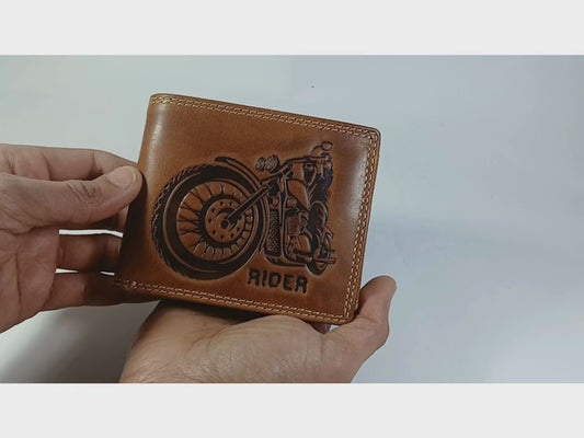 Motorcycle rider embossed bifold leather wallet for men – RFID blocking, personalised gift, handmade genuine leather, The Leather Gift Co