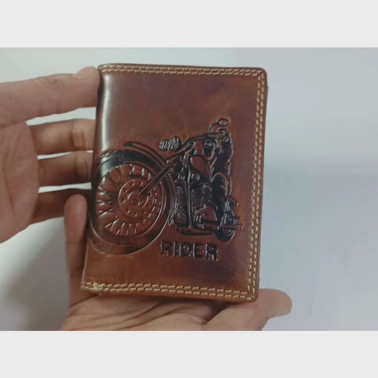 Personalised motorcycle embossed leather bifold wallet for men – RFID blocking, 9 card slots, handmade biker gift, The Leather Gift Co