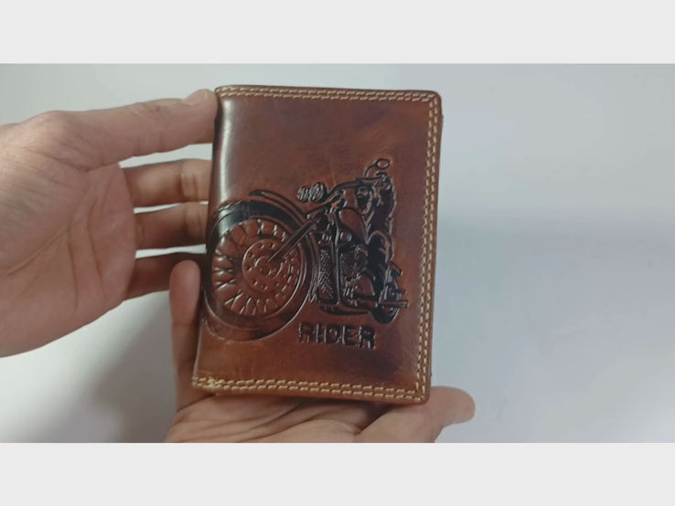 Personalised motorcycle embossed leather bifold wallet for men – RFID blocking, 9 card slots, handmade biker gift, The Leather Gift Co