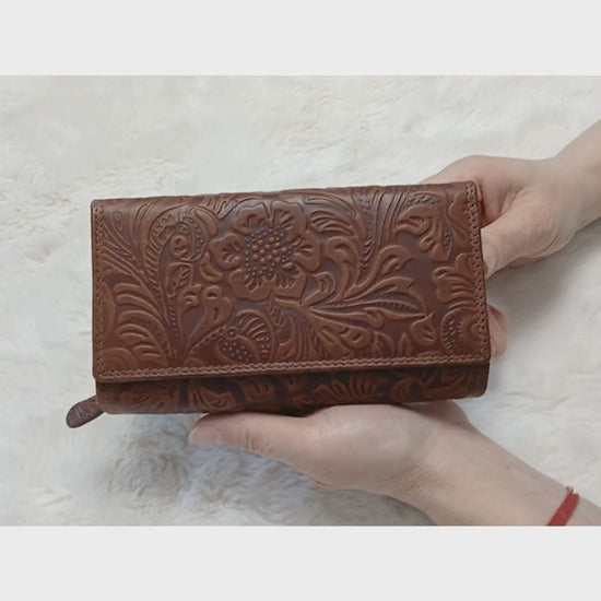Floral leather wallet handmade RFID protection purse for her