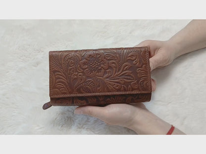 Floral leather wallet handmade RFID protection purse for her