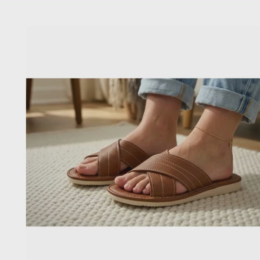 Handmade Leather Slide Slippers Women — Brown, Open Toe