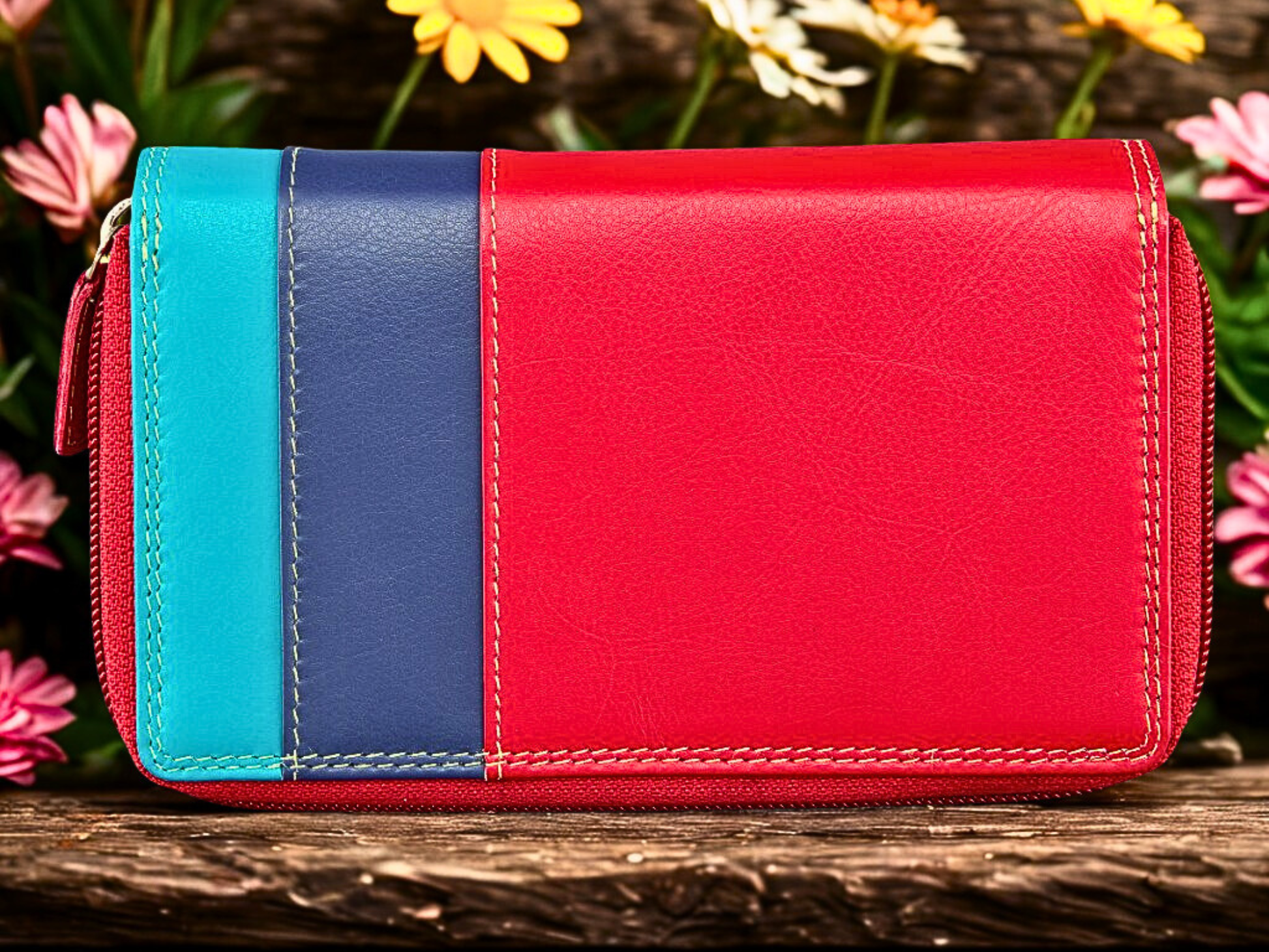 Close-up of RFID-protected Nappa leather wallet showing 7 card slots and zip-around closure detail