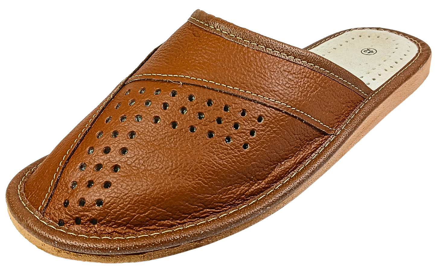  Top-down view of men's tan brown closed-toe leather slipper showing perforated dot cluster vamp and cream leather insole — The Leather Gift Co