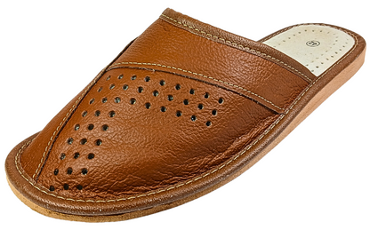  Top-down view of men's tan brown closed-toe leather slipper showing perforated dot cluster vamp and cream leather insole — The Leather Gift Co