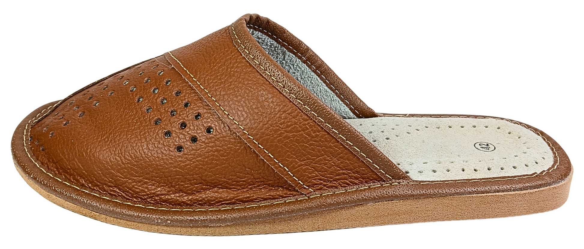 Sole view of men's tan brown leather closed-toe slipper showing diamond-grid rubber outsole and hand-stitched perimeter — The Leather Gift Co