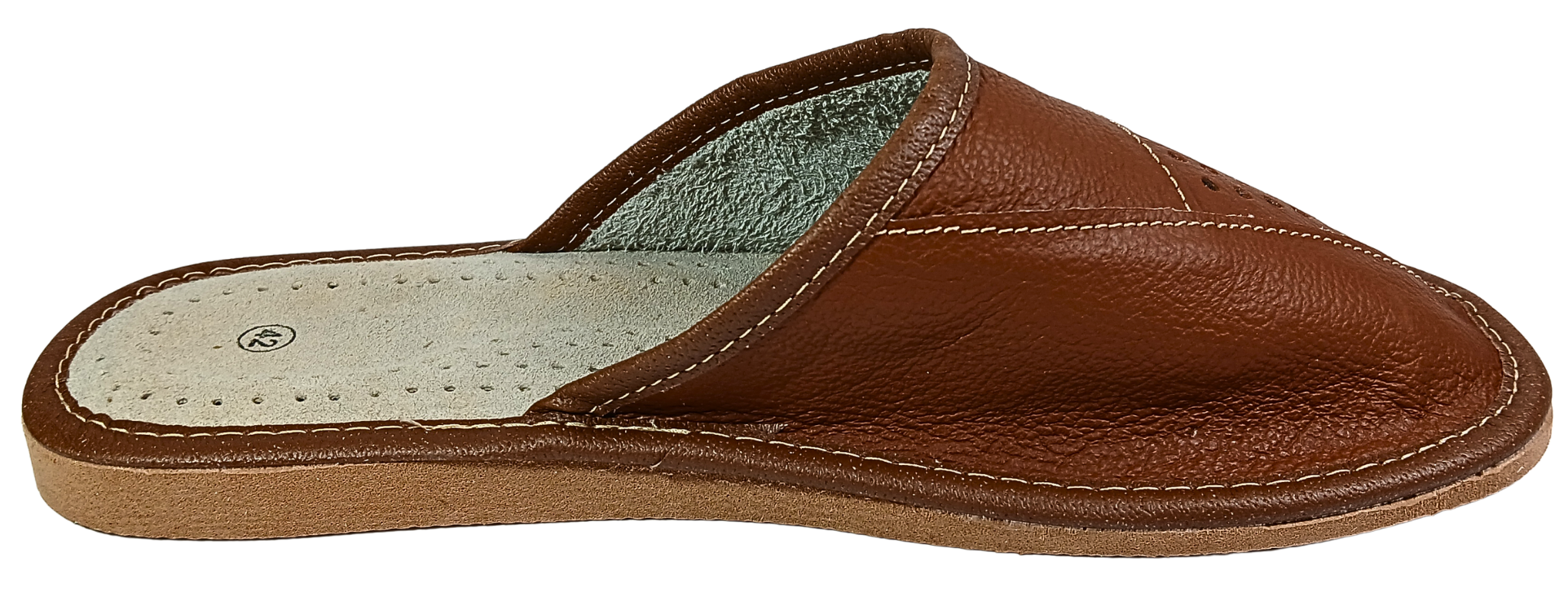 Side profile view of men's tan brown closed-toe leather slipper with perforated dot vamp, cream insole and tan rubber sole — The Leather Gift Co