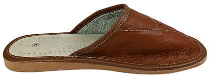 Side profile view of men's tan brown closed-toe leather slipper with perforated dot vamp, cream insole and tan rubber sole — The Leather Gift Co